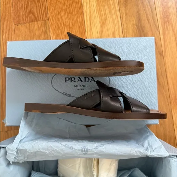 Prada Leather Sandals with Crisscross Straps - Size 36