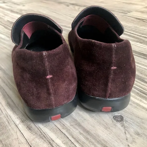 Prada Linea Rossa Designer Genuine Leather Suede Maroon/Burgundy Slip On Loafers