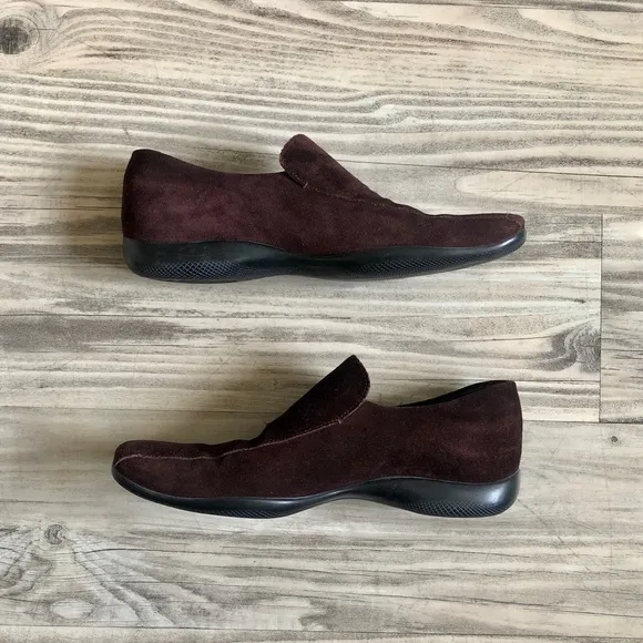 Prada Linea Rossa Designer Genuine Leather Suede Maroon/Burgundy Slip On Loafers