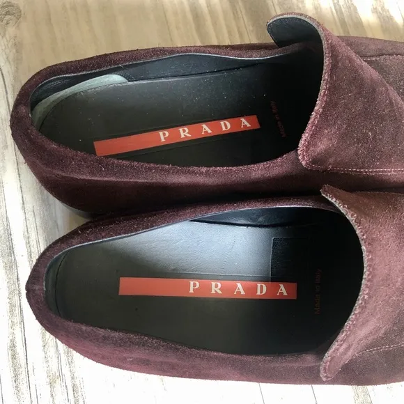 Prada Linea Rossa Designer Genuine Leather Suede Maroon/Burgundy Slip On Loafers