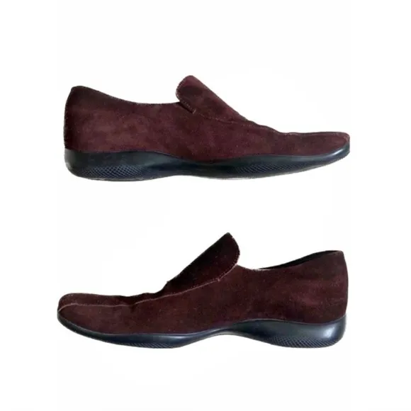 Prada Linea Rossa Designer Genuine Leather Suede Maroon/Burgundy Slip On Loafers