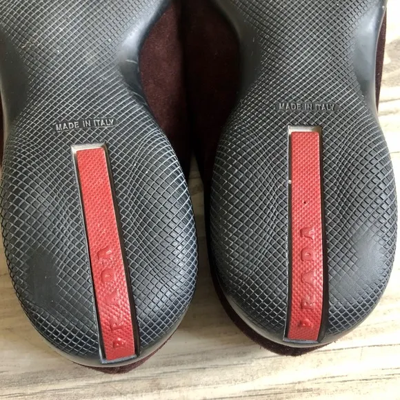 Prada Linea Rossa Designer Genuine Leather Suede Maroon/Burgundy Slip On Loafers