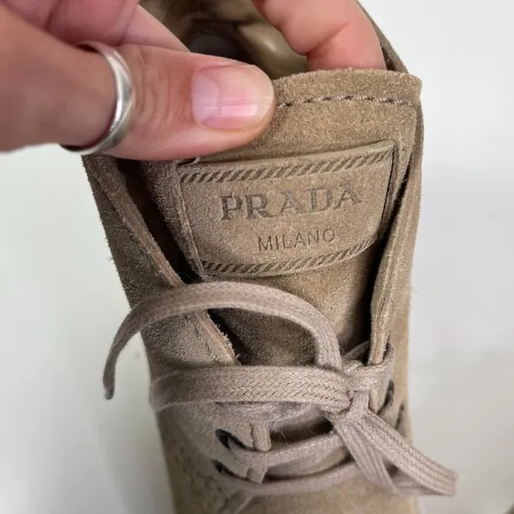 Prada Milano Women's Beige Suede Lace Up Desert Wedge Ankle Boots EU Size 39.5