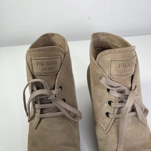 Prada Milano Women's Beige Suede Lace Up Desert Wedge Ankle Boots EU Size 39.5
