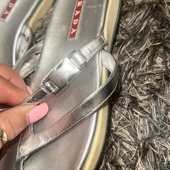 Prada Silver Leather  Sandals Metallic Finish Sz 39