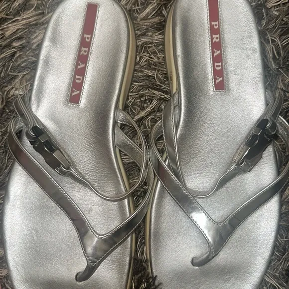 Prada Silver Leather  Sandals Metallic Finish Sz 39