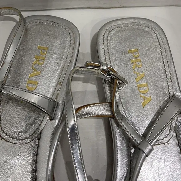 PRADA Silver Leather T-Strap Thong Flat Sandals EU 36