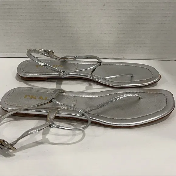 PRADA Silver Leather T-Strap Thong Flat Sandals EU 36