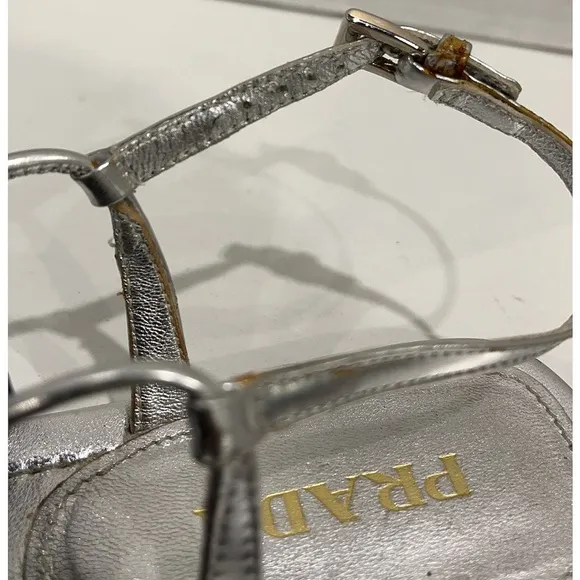 PRADA Silver Leather T-Strap Thong Flat Sandals EU 36