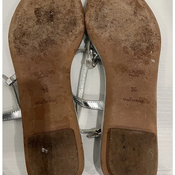 PRADA Silver Leather T-Strap Thong Flat Sandals EU 36