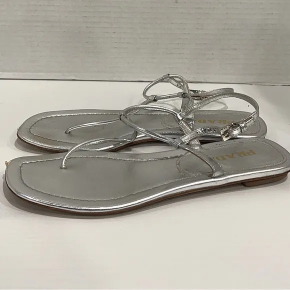 PRADA Silver Leather T-Strap Thong Flat Sandals EU 36