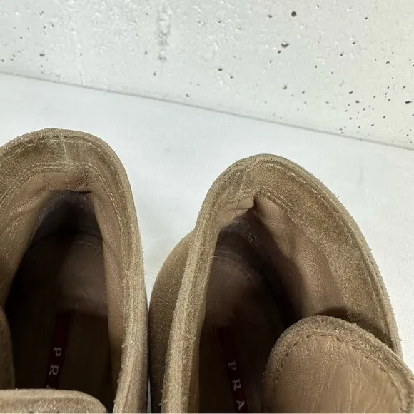 Prada size 37 Milano Tan Suede Lace Up Wedge Half Ankle Boots