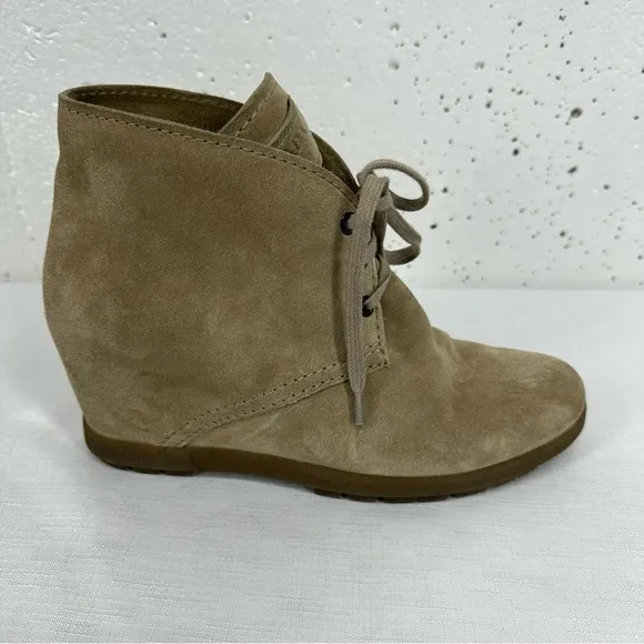 Prada size 37 Milano Tan Suede Lace Up Wedge Half Ankle Boots