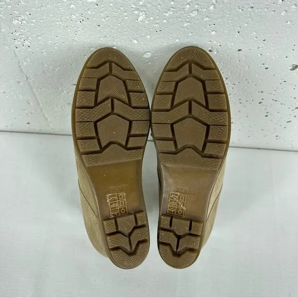Prada size 37 Milano Tan Suede Lace Up Wedge Half Ankle Boots