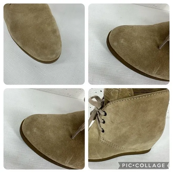 Prada size 37 Milano Tan Suede Lace Up Wedge Half Ankle Boots