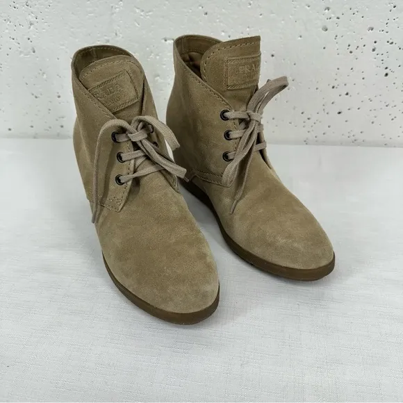 Prada size 37 Milano Tan Suede Lace Up Wedge Half Ankle Boots