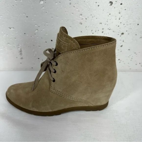 Prada size 37 Milano Tan Suede Lace Up Wedge Half Ankle Boots