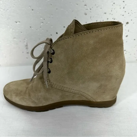 Prada size 37 Milano Tan Suede Lace Up Wedge Half Ankle Boots