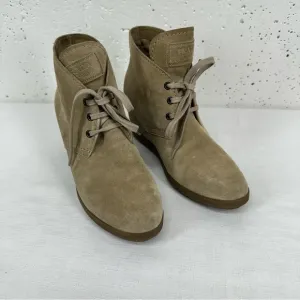Prada size 37 Milano Tan Suede Lace Up Wedge Half Ankle Boots