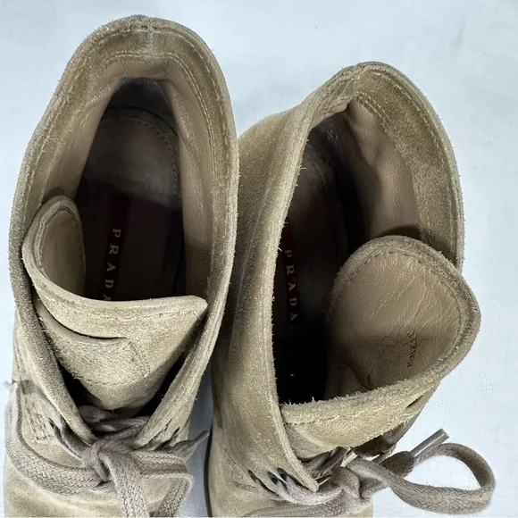 Prada size 37 Milano Tan Suede Lace Up Wedge Half Ankle Boots