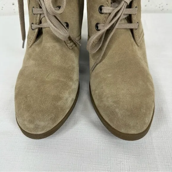 Prada size 37 Milano Tan Suede Lace Up Wedge Half Ankle Boots