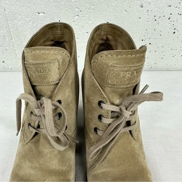 Prada size 37 Milano Tan Suede Lace Up Wedge Half Ankle Boots