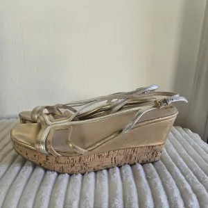 Prada Slingback Open Toe Elegant Silver and Gold Wedge Sandals Size 6