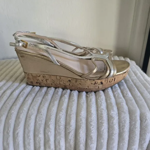 Prada Slingback Open Toe Elegant Silver and Gold Wedge Sandals Size 6