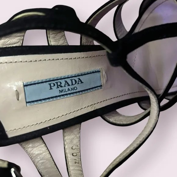 Prada Strappy Black Suede Strappy High Heel Cage Sandals Ankle Strap size 36.5