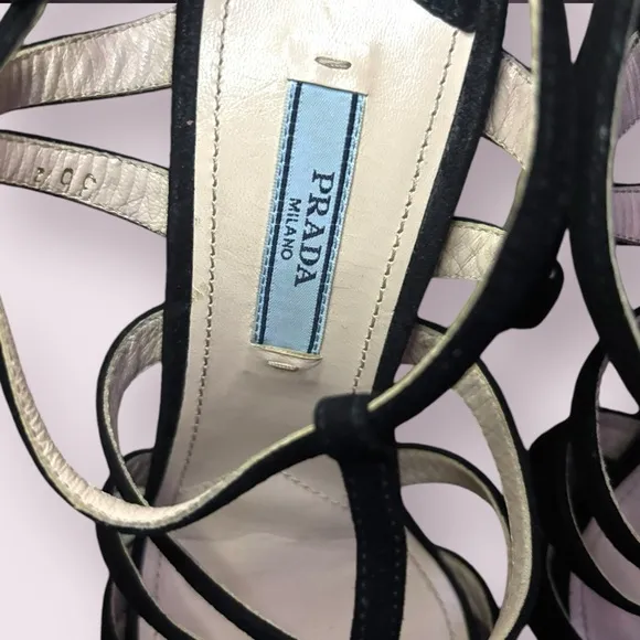 Prada Strappy Black Suede Strappy High Heel Cage Sandals Ankle Strap size 36.5