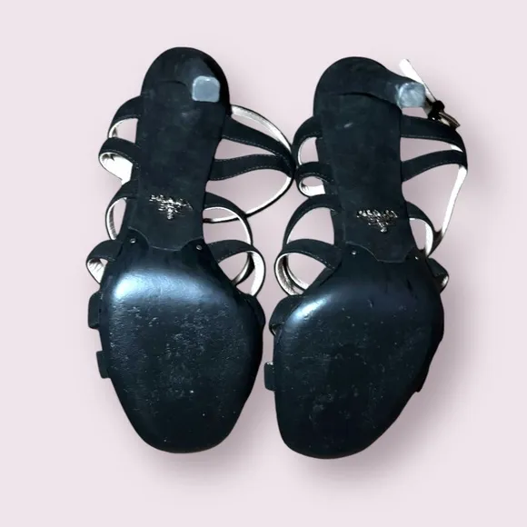 Prada Strappy Black Suede Strappy High Heel Cage Sandals Ankle Strap size 36.5