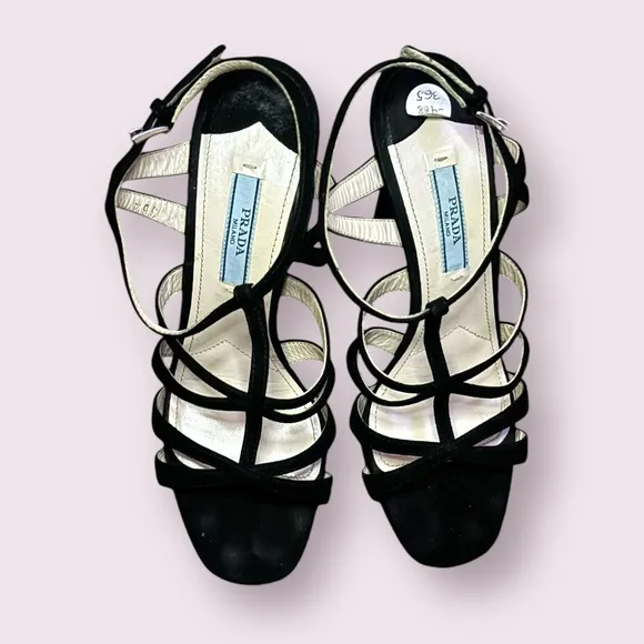 Prada Strappy Black Suede Strappy High Heel Cage Sandals Ankle Strap size 36.5