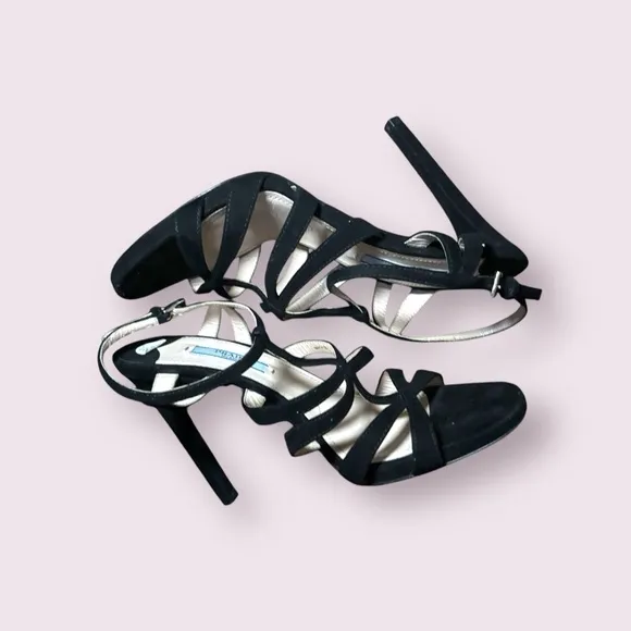 Prada Strappy Black Suede Strappy High Heel Cage Sandals Ankle Strap size 36.5