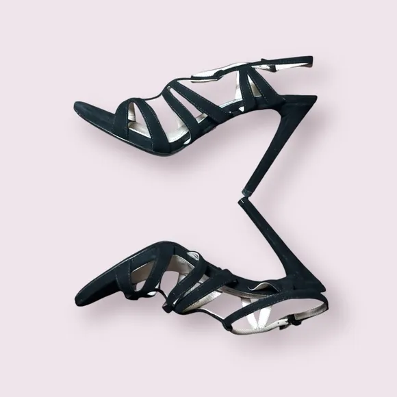 Prada Strappy Black Suede Strappy High Heel Cage Sandals Ankle Strap size 36.5