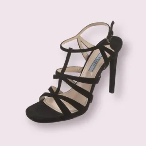 Prada Strappy Black Suede Strappy High Heel Cage Sandals Ankle Strap size 36.5