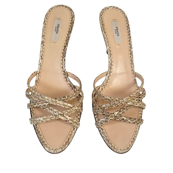 PRADA Strappy Snakeskin Wedge Mules Sandals Sz 40