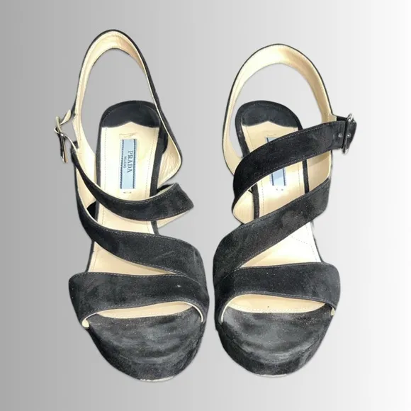 Prada Sueded Black Strappy Open Toe Sling Back Stiletto Heels Sz 39 (8.5)