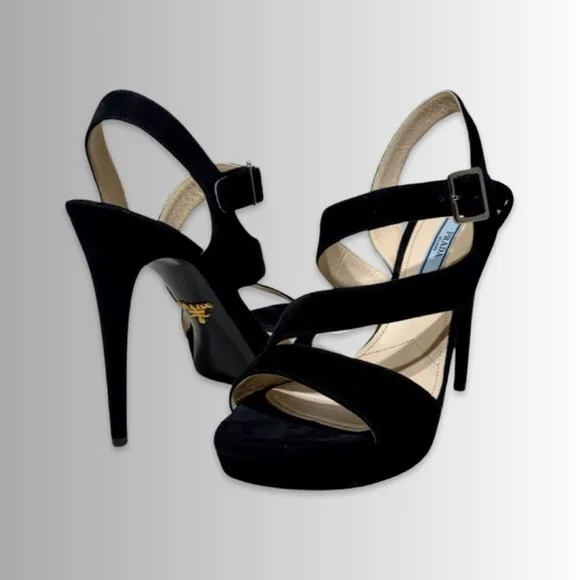 Prada Sueded Black Strappy Open Toe Sling Back Stiletto Heels Sz 39 (8.5)