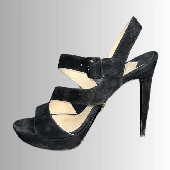 Prada Sueded Black Strappy Open Toe Sling Back Stiletto Heels Sz 39 (8.5)