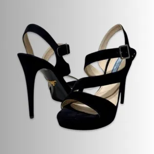 Prada Sueded Black Strappy Open Toe Sling Back Stiletto Heels Sz 39 (8.5)