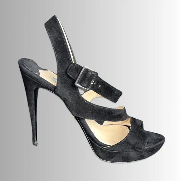 Prada Sueded Black Strappy Open Toe Sling Back Stiletto Heels Sz 39 (8.5)