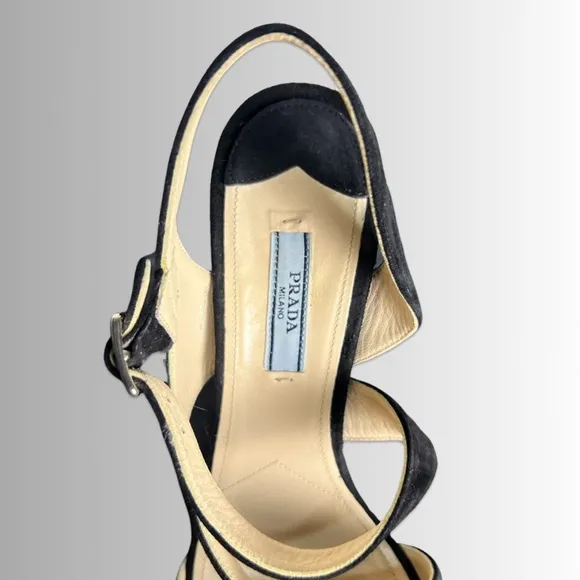 Prada Sueded Black Strappy Open Toe Sling Back Stiletto Heels Sz 39 (8.5)