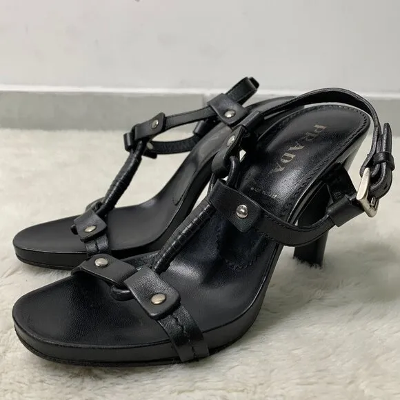 Prada Women's Black Leather Strappy Heels Sandals Size 34 1/2