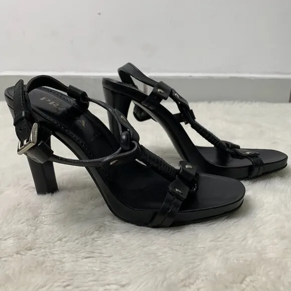 Prada Women's Black Leather Strappy Heels Sandals Size 34 1/2