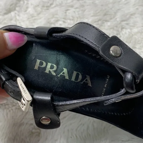 Prada Women's Black Leather Strappy Heels Sandals Size 34 1/2