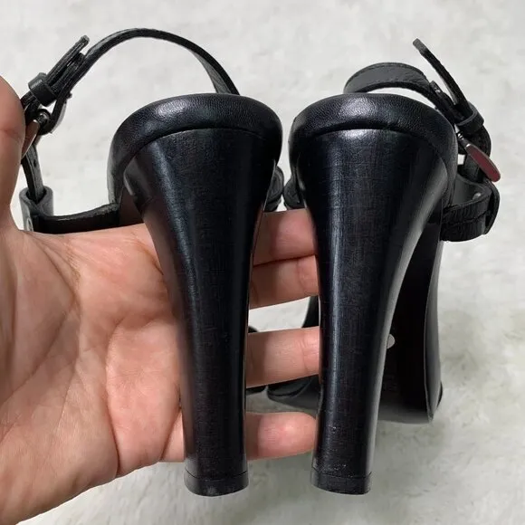 Prada Women's Black Leather Strappy Heels Sandals Size 34 1/2