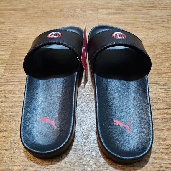 PUMA AC Milan Soccer Club Sandals Men's Size 9 Black Red Pulisic Leather Foam SE