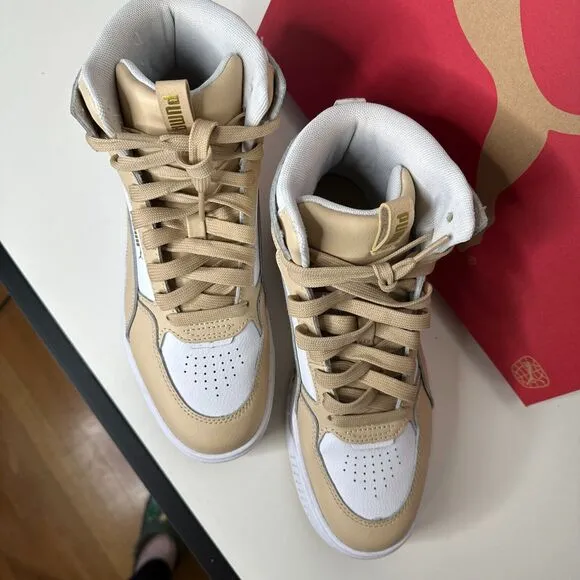 Puma Karmen Rebelle Mid-High Casual White Tan Platform Lace Up Sneaker Shoes 8