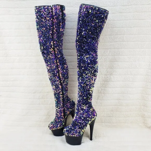 Purple Multi Stretch Sequin Platform 7&quot; Heels Thigh High Boots 3020