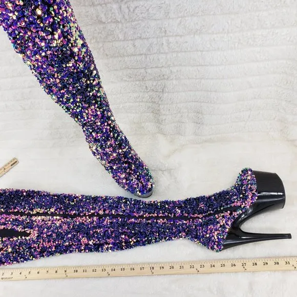 Purple Multi Stretch Sequin Platform 7&quot; Heels Thigh High Boots 3020